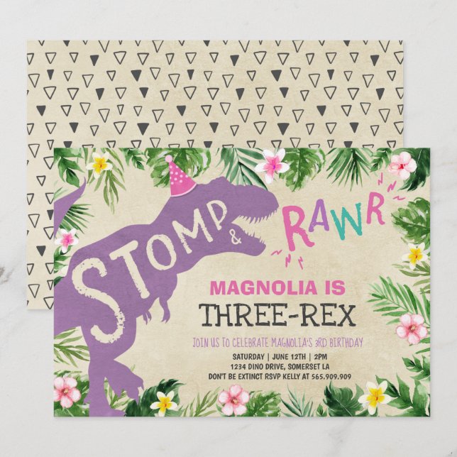 Dinosaur Three-Rex Birthday Invitation Girl Dino (Front/Back)