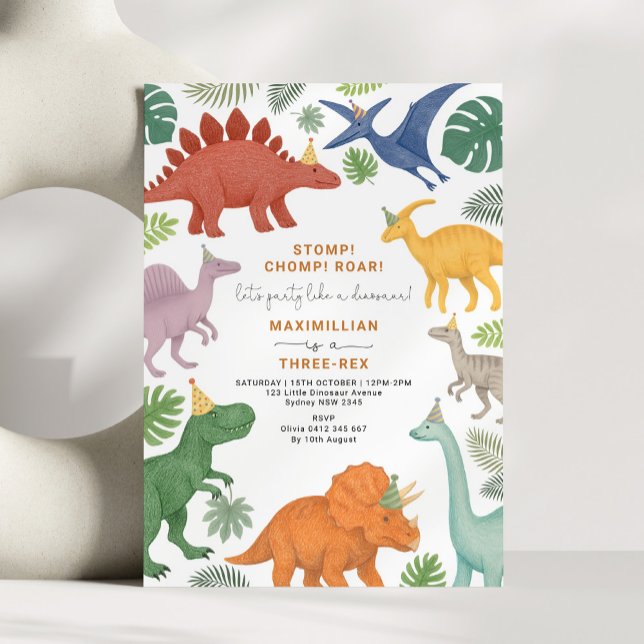 Dinosaur Three-Rex Boy Birthday Party Invitation (Creator Uploaded)