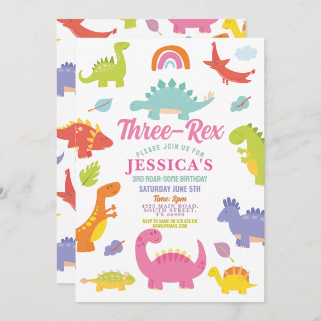 Dinosaur Three Rex Cute Girls Pink Party Invitation (Front/Back)