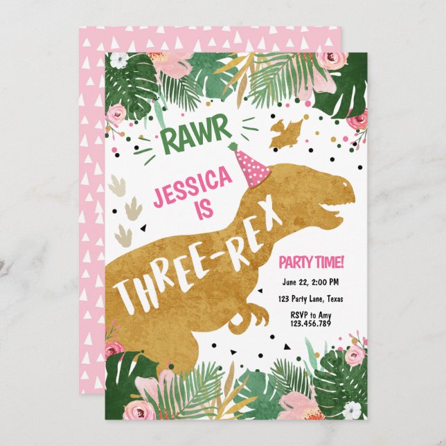 Dinosaur Three-Rex Dino Girl Pink Gold Birthday Invitation (Front/Back)