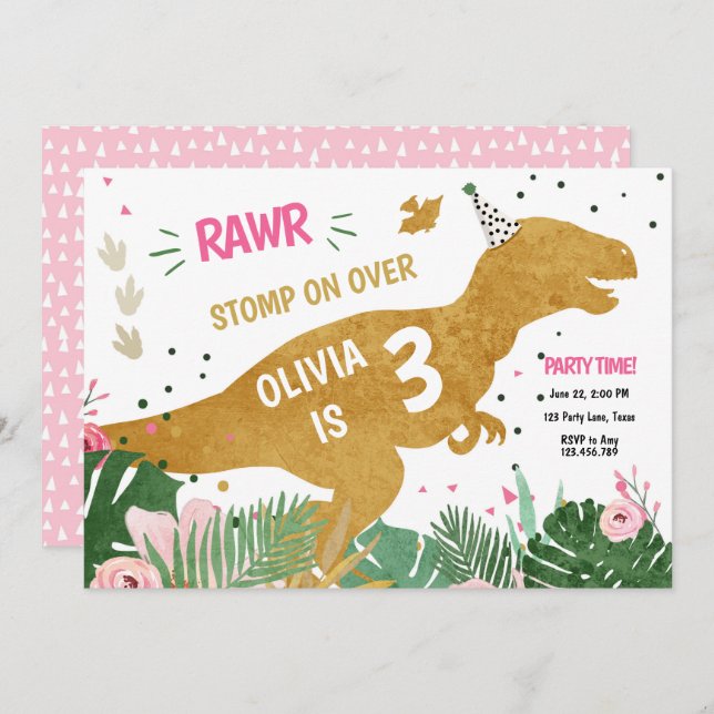 Dinosaur Three-Rex Dino Girl Pink Gold Birthday Invitation (Front/Back)