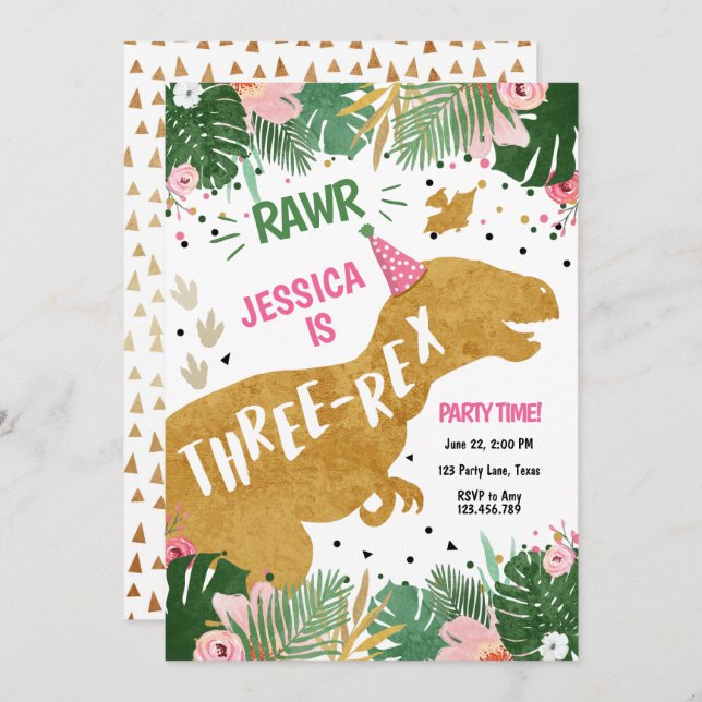 Dinosaur Three-Rex Dino Girl Pink Gold Birthday Invitation (Front/Back)