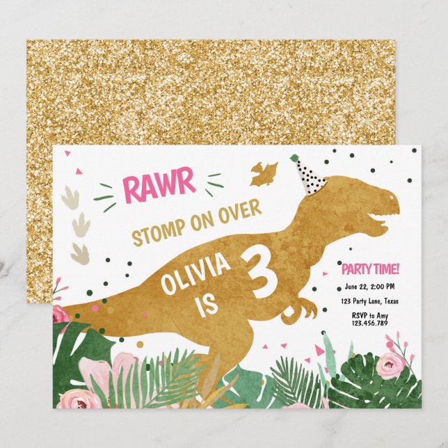 Dinosaur Three-Rex Dino Girl Pink Gold Birthday Invitation (Front/Back)
