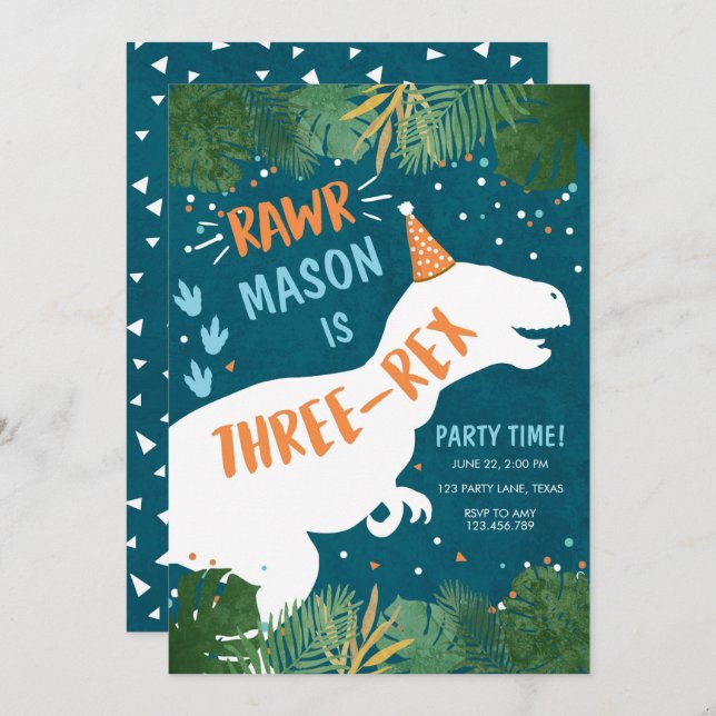 Dinosaur Three-Rex T-Rex RAWR 3rd Third Birthday Invitation (Front/Back)