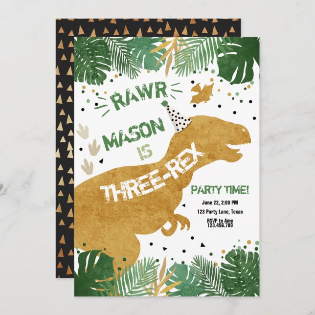 Dinosaur Three-Rex T-Rex RAWR Gold Boy Birthday Invitation (Front/Back)
