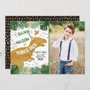 Dinosaur Three-Rex T-Rex RAWR Gold Boy Birthday Invitation