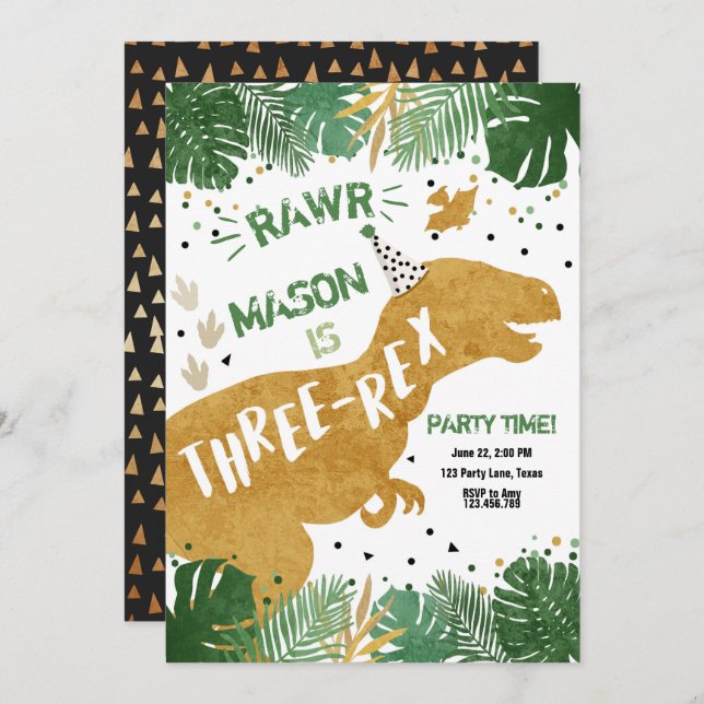 Dinosaur Three-Rex T-Rex RAWR Gold Boy Birthday Invitation (Front/Back)