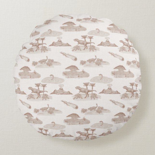 Dinosaur Toile Round Pillow (Tan) (Front)