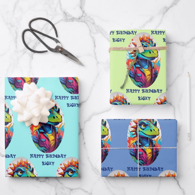 Dinosaur Tough Kid Add Name 3 Birthday Wrapping Paper Sheet (Front)