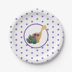 Dinosaur Tracks Kid's Party Purple Dino Watercolor Paper Plate