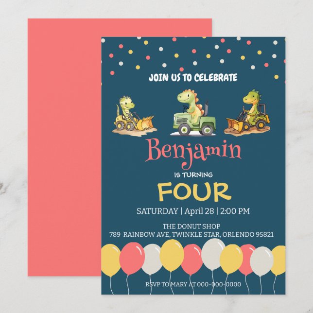 Dinosaur tractor truck balloon School Birthday  Invitation (Front/Back)