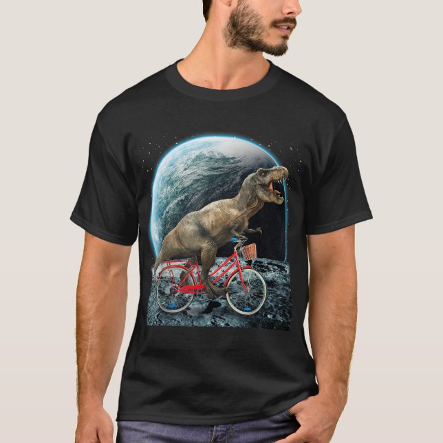 Dinosaur Trex In Space Riding Bike On Moon Funny D T-Shirt (Front)