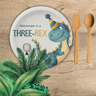 Dinosaur Trex Three Rex 3rd Birthday Party Paper Plate