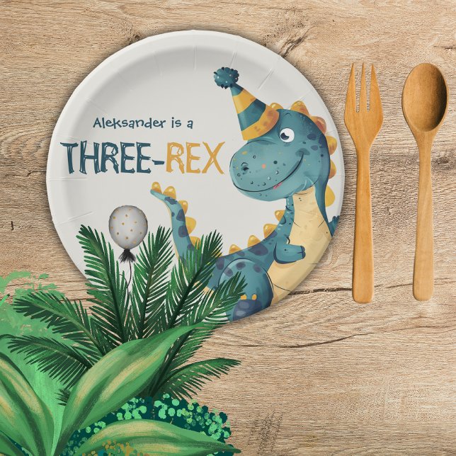 Dinosaur Trex Three Rex 3rd Birthday Party  Paper Plate (Creator Uploaded)
