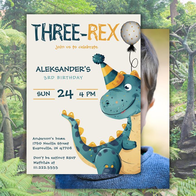 Dinosaur Trex Three Rex 3rd Birthday Party Photo  Invitation (Creator Uploaded)