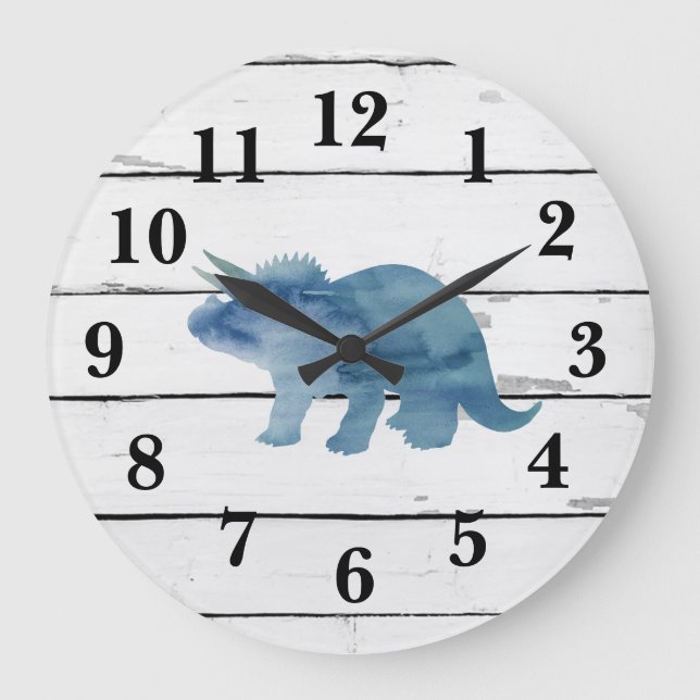 Dinosaur Triceratops Decor Rustic Shiplap Large Clock (Front)
