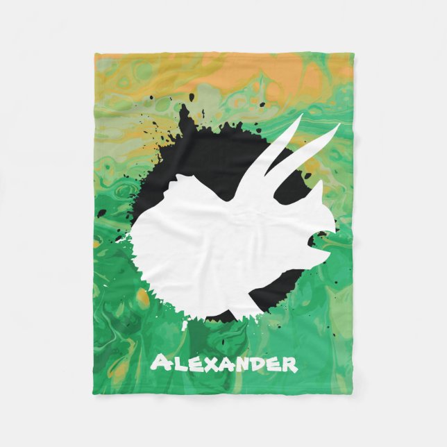 Dinosaur Triceratops Green Swirl Custom Name Fleece Blanket (Front)