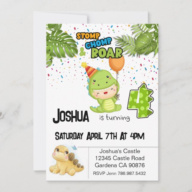 Dinosaur turning Four birthday invitation (Front)