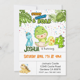 Dinosaur turning four birthday invitation