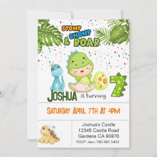 Dinosaur turning seven birthday invitation