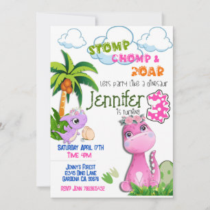 Dinosaur turning three birthday invitation