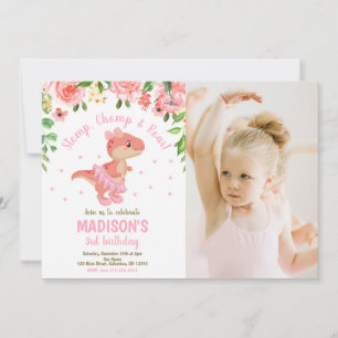 Dinosaur Tutu Ballerina Floral Photo Birthday  Invitation