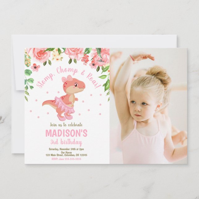 Dinosaur Tutu Ballerina Floral Photo Birthday  Invitation (Front)