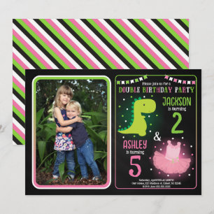 Dinosaur & Tutu Photo Siblings Joint Birthday Invitation