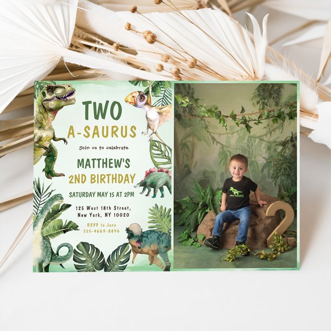 Dinosaur Two-A-Saurus 2nd Birthday Party Photo Invitation (Creator Uploaded)
