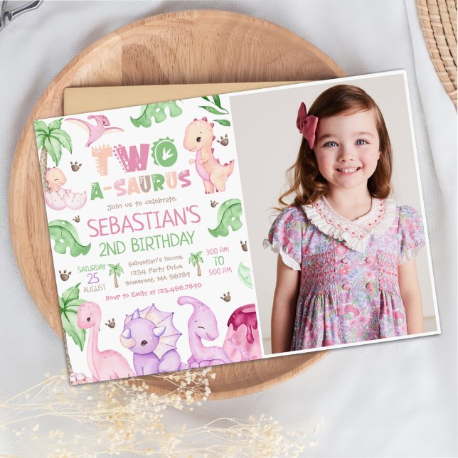 Dinosaur Two-A-Saurus Girl 2nd Birthday Photo Invitation (Creator Uploaded)