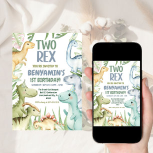 Dinosaur Two rex Boy 2st Birthday Party Invit Invitation
