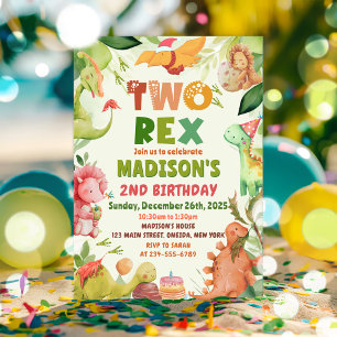 Dinosaur Two Rex Greenery 2nd Birthday Invitation
