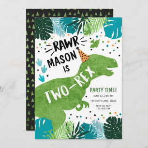 Dinosaur Two-Rex T-Rex RAWR 2nd Second Birthday In Invitation