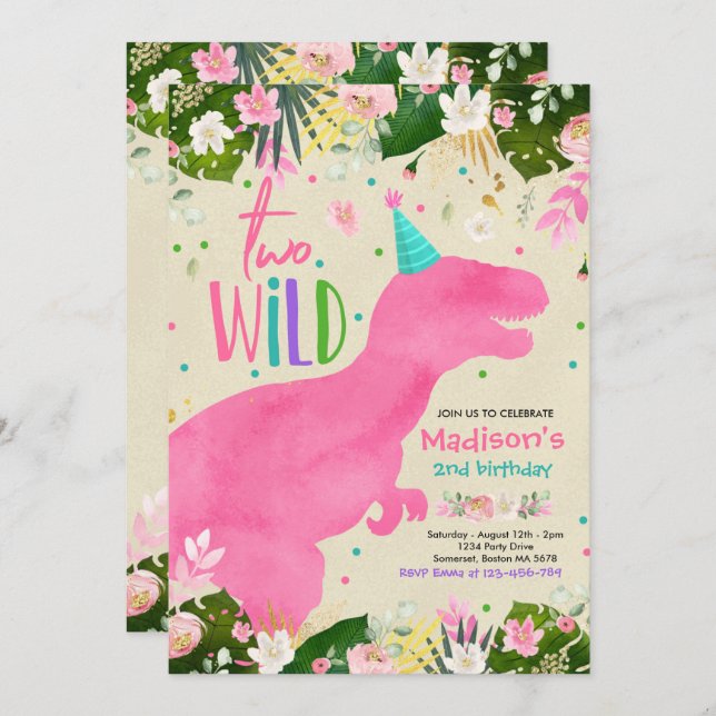 Dinosaur Two Wild Birthday Pink Dinosaur Birthday Invitation (Front/Back)