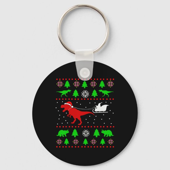 Dinosaur Ugly Christmas Sweater For Adults Kids  Key Ring (Front)