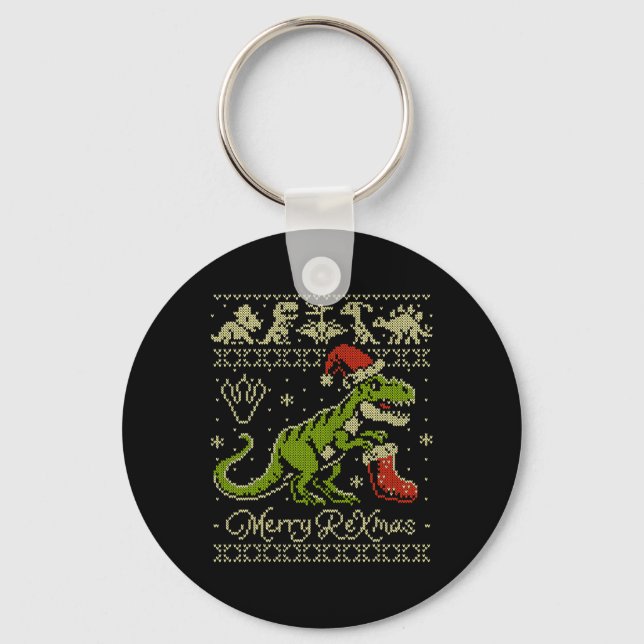Dinosaur Ugly Christmas Sweater - Funny Christmas  Key Ring (Front)