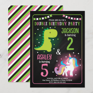 Dinosaur Unicorn Boy Girl Siblings Joint Birthday Invitation
