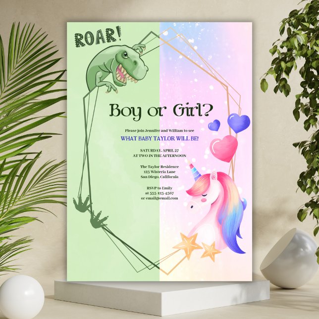 Dinosaur Unicorn Boy or Girl Gender Reveal Party Invitation (Creator Uploaded)
