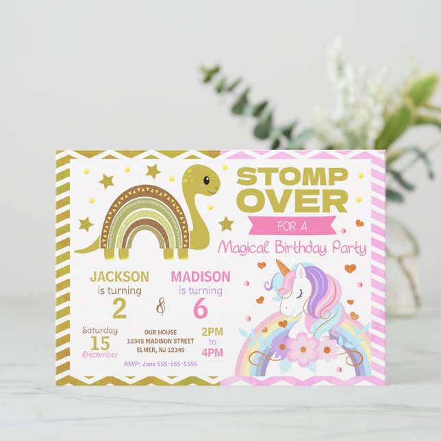 Dinosaur & Unicorn Joint Birthday Invitation (Standing Front)