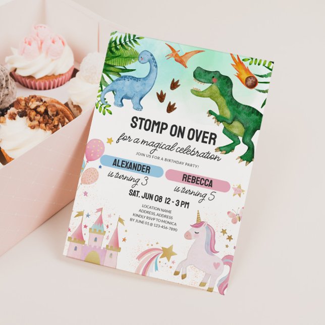 Dinosaur & Unicorn Joint Kids Birthday Invitation (Joint Kids Birthday Invitation - Dinosaur & Unicorns)