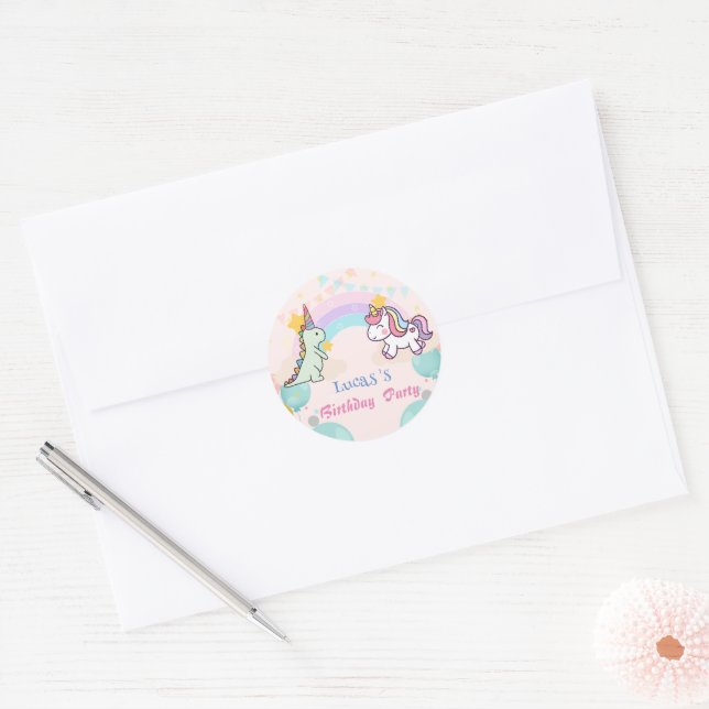 Dinosaur Unicorn rainbow gradient  birthday party  Classic Round Sticker (Envelope)