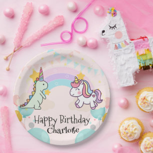 dinosaur Unicorn rainbow gradient birthday party Paper Plate