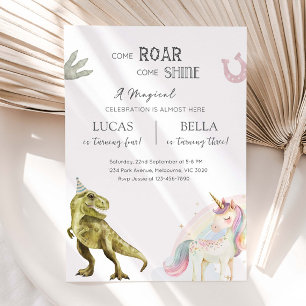 Dinosaur & Unicorn Siblings Joint Birthday Party Invitation