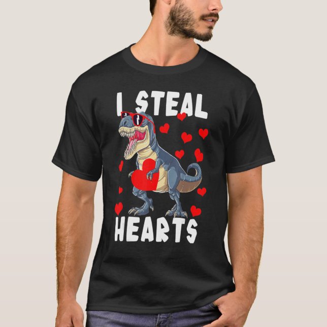 Dinosaur Valentines Day I Steal Hearts Rex Love T-Shirt (Front)