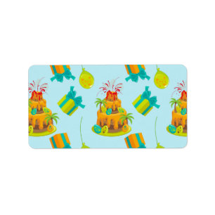 Dinosaur Volcano Birthday Cake Dino Eggs Balloons Label