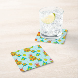 Dinosaur Volcano Birthday Cake Dino Eggs Balloons Square Paper Coaster