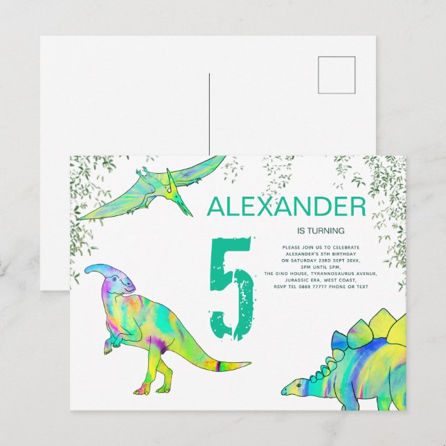 Dinosaur watercolor 5th Birthday Party budget Invitation Postcard (Front/Back)