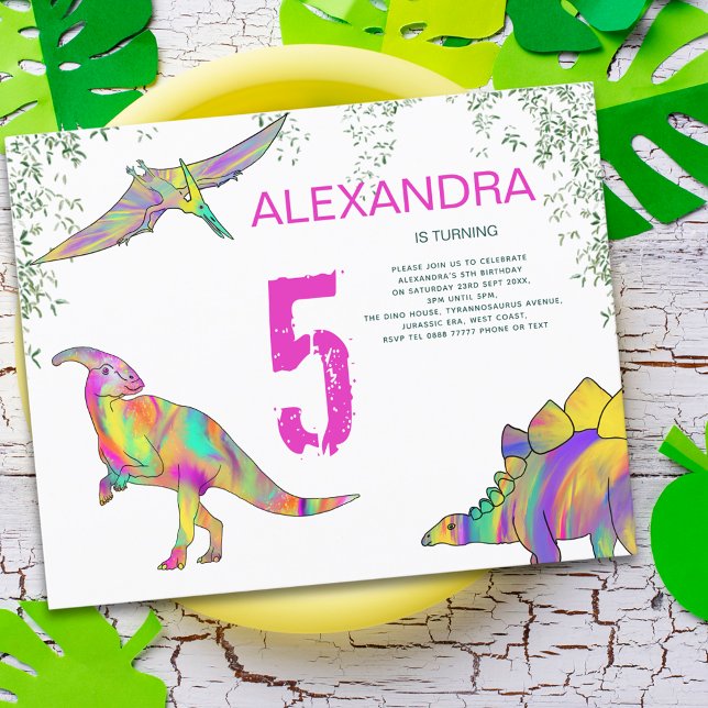 Dinosaur watercolor 5th Birthday Party pink budget (Colorful dinosaurs pink 5th birthday budget invitation)