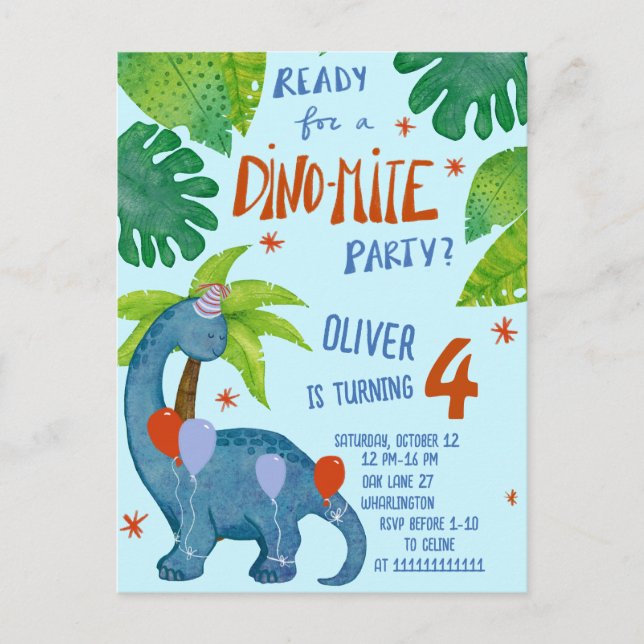Dinosaur watercolor cute birthday party postcard (Front)