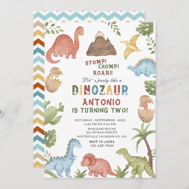 Dinosaur watercolor stomp chomp roar birthday part invitation (Front/Back)